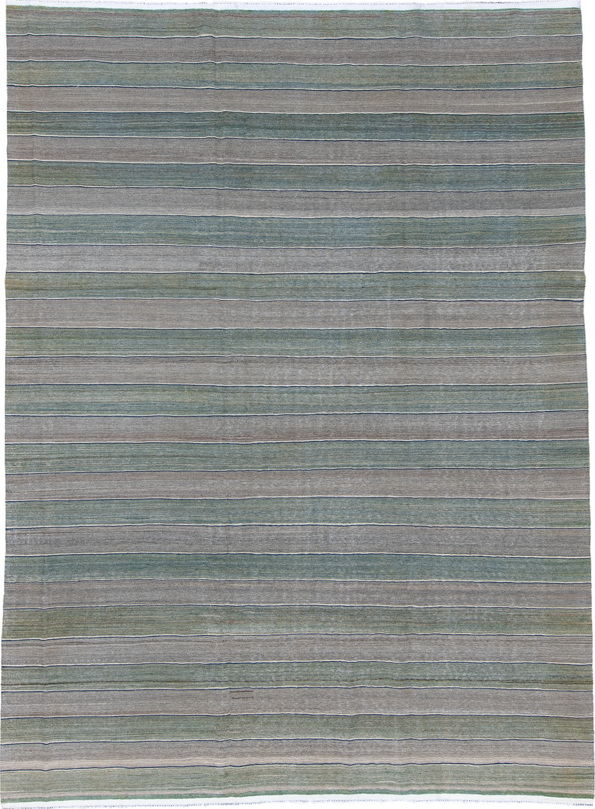 8' x 11' one-of-a-kind handmade vintage Kilim large size rug. Color palette: blue, dark gray, dim gray, gray, light blue