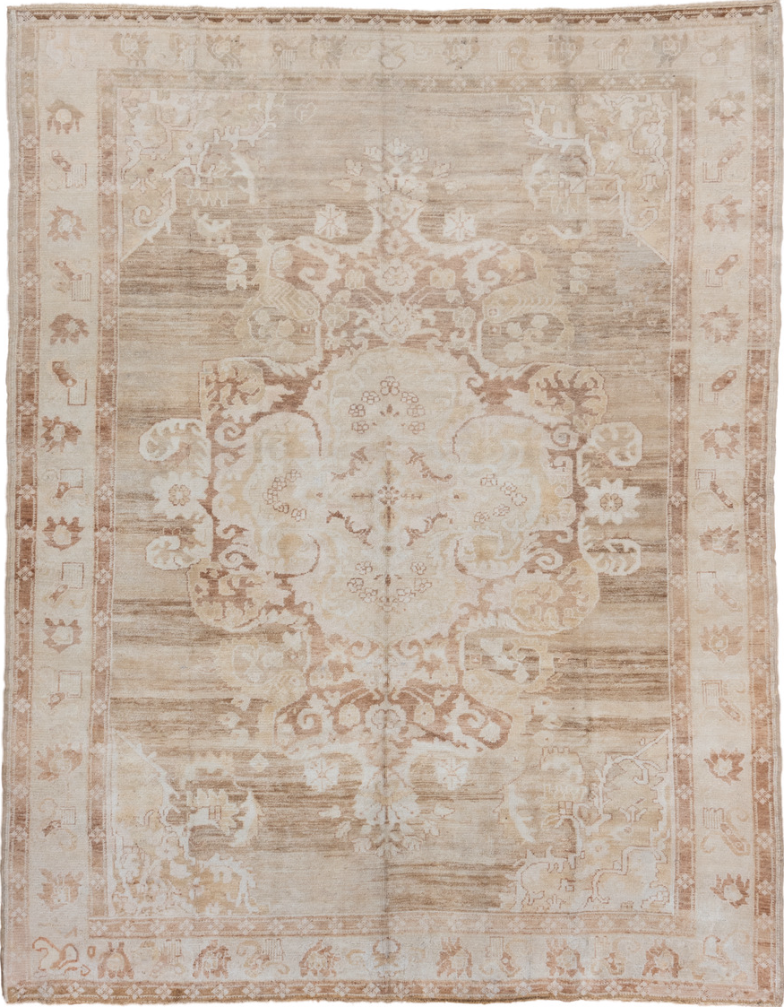 7' x 9' one-of-a-kind handmade vintage Oushak rug. Color palette: brown, gray, light gray, off-white, pink, silver, snow