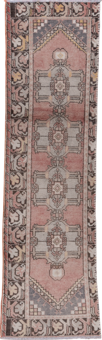2' x 9' one-of-a-kind handmade vintage Oushak runner rug. Color palette: brown, gray, light gray, off-white, pink, snow