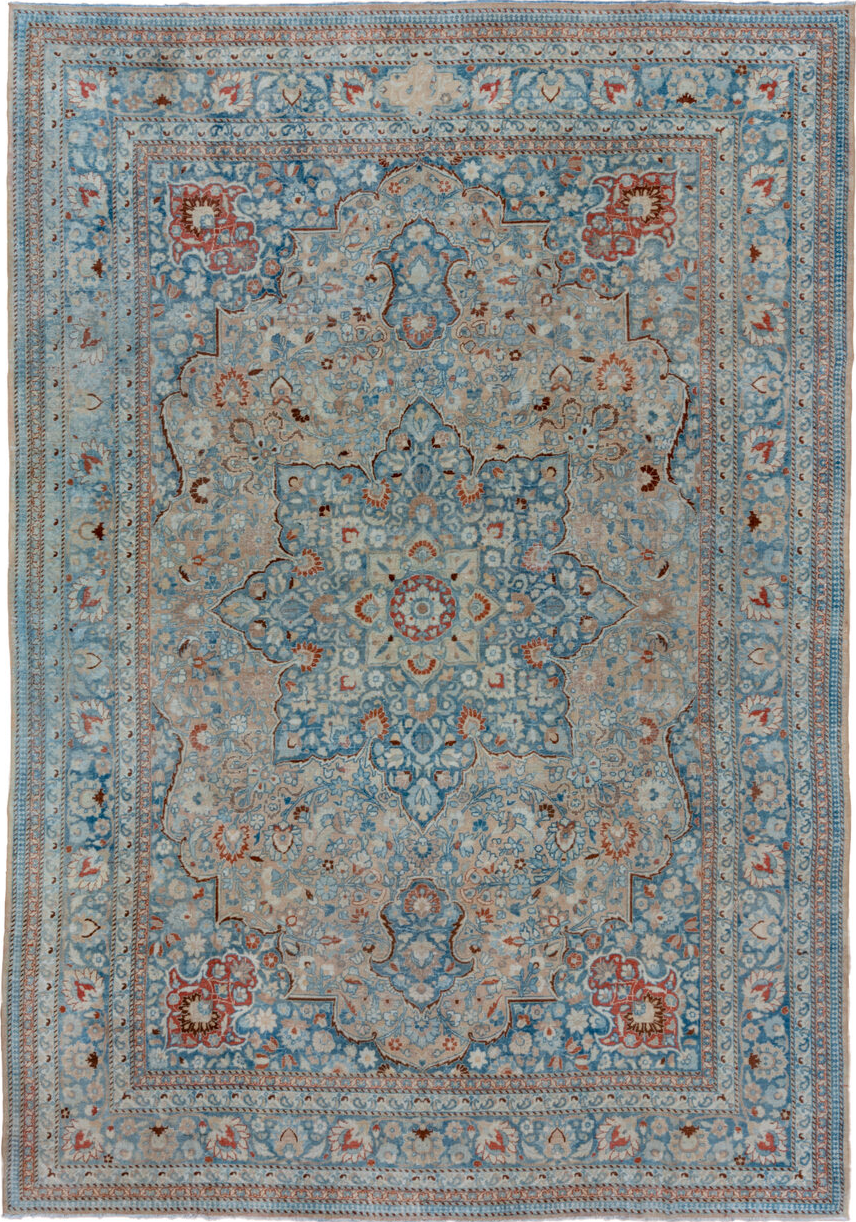 8' x 11' one-of-a-kind handmade vintage Tabriz large size rug. Color palette: blue, brown, dark gray, dim gray, gray