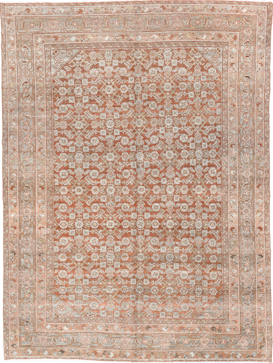 4' x 6' one-of-a-kind handmade vintage Senne small size rug. Color palette: off-white, brown, gray, orange, pink, light gray