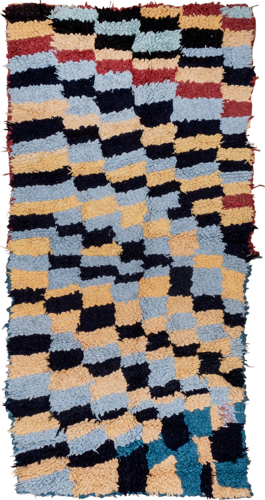 3' x 6' one-of-a-kind handmade vintage Rag Rug runner rug. Color palette: black, blue, brown, burlywood, gray, light blue