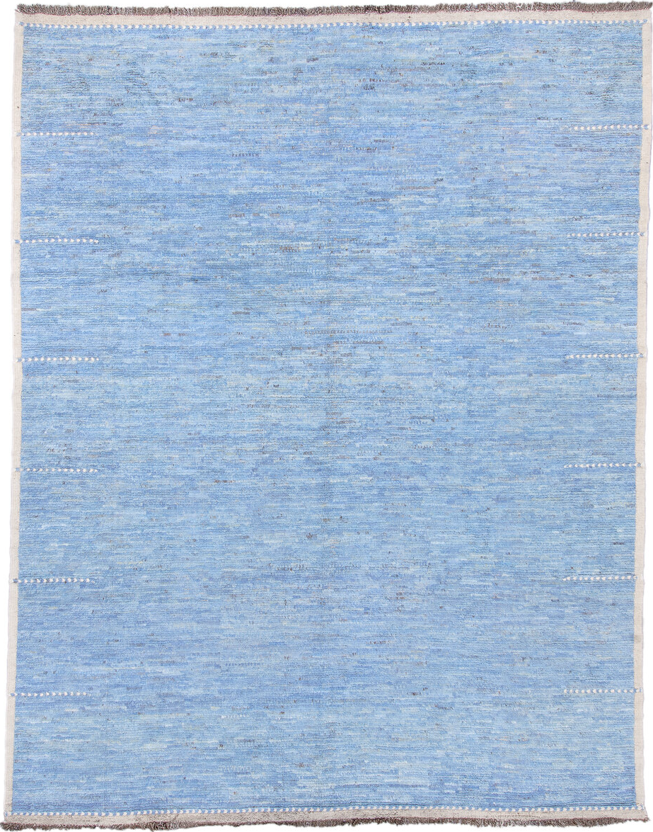 9' x 12' one-of-a-kind handmade vintage Tulu large size rug. Color palette: blue, light blue, gray, light gray, off-white