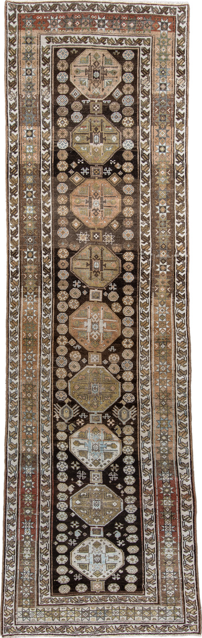 3' x 11' one-of-a-kind handmade vintage Malayer runner rug. Color palette: antiquewhite, brown, gainsboro, gray, light gray
