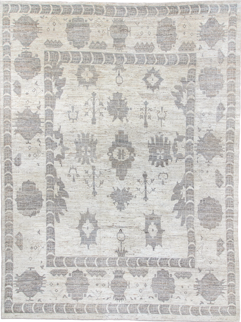 14' x 19' one-of-a-kind handmade vintage Tulu oversize rug. Color palette: dim gray, gray, light blue, light gray, off-white