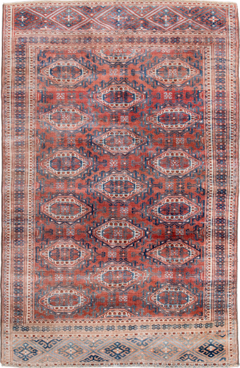 3' x 5' one-of-a-kind handmade vintage Bokara small size rug. Color palette: blue, brown, dark gray, dim gray, fiord, gray