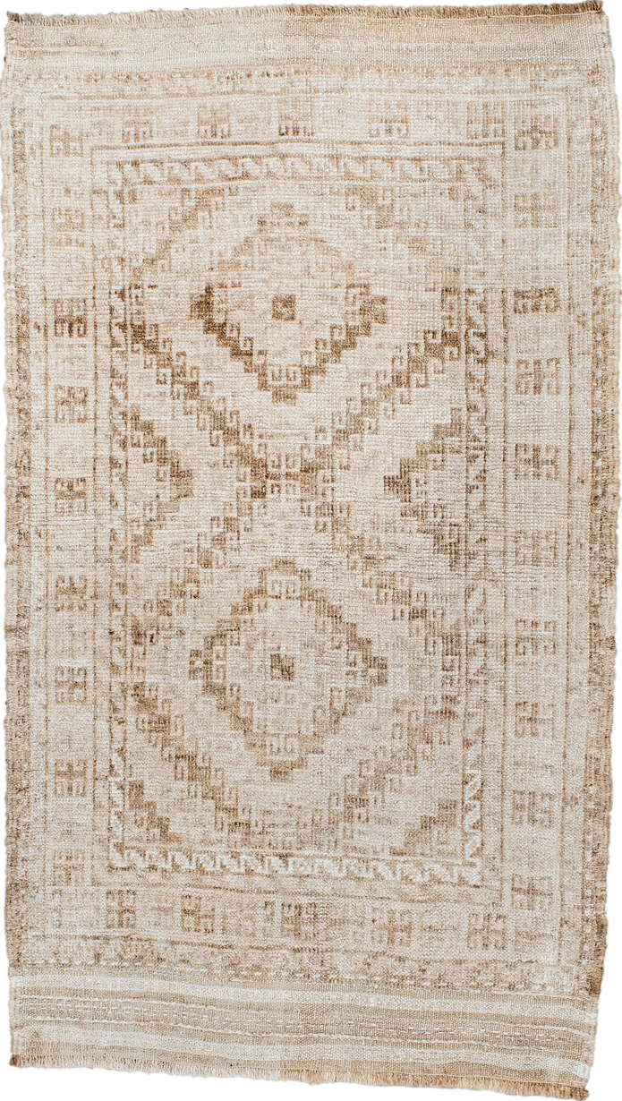 2' x 3' one-of-a-kind handmade vintage Belouch small size rug. Color palette: off-white, gray, brown, pink, light gray