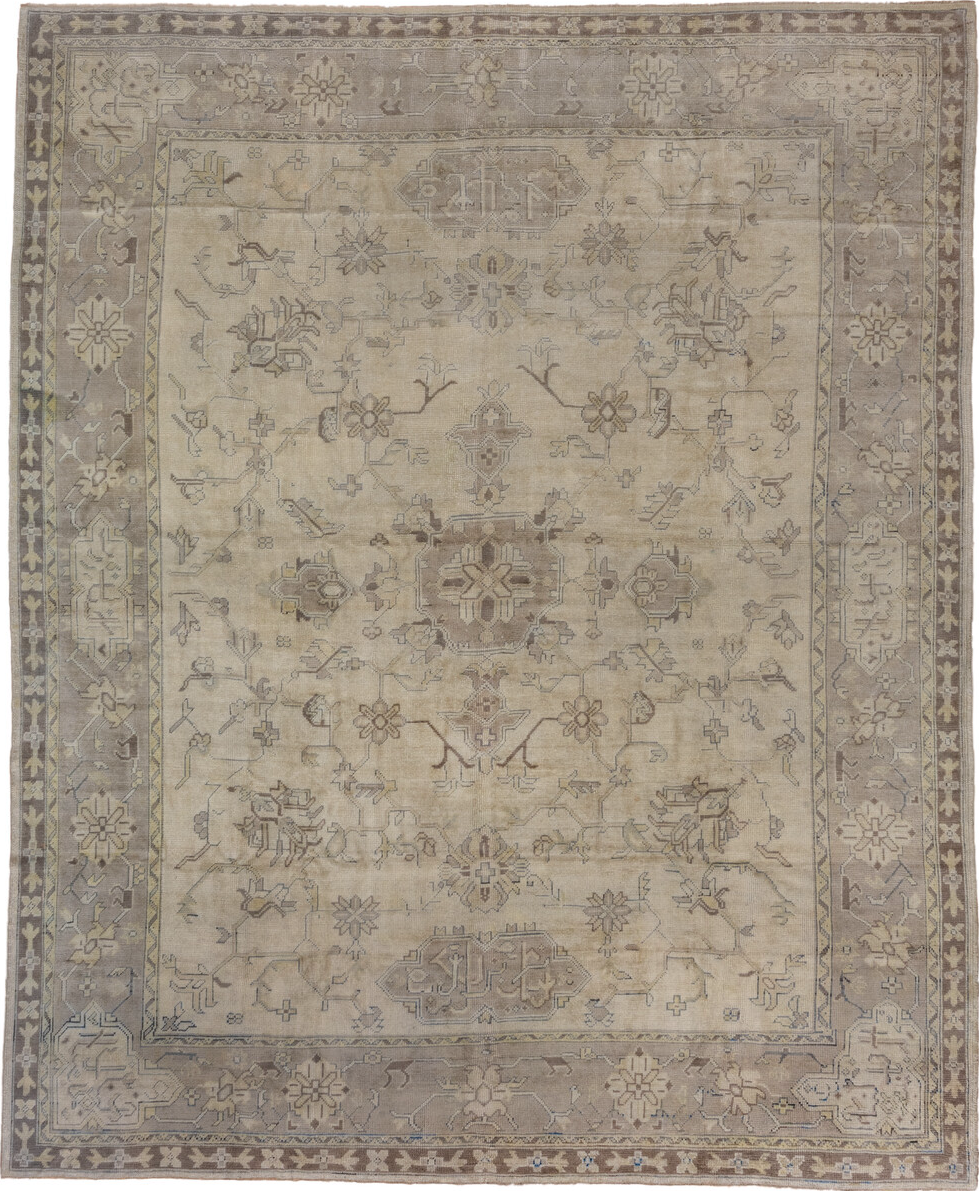 9' x 12' one-of-a-kind handmade vintage Oushak large size rug. Color palette: brown, dim gray, gray, light gray