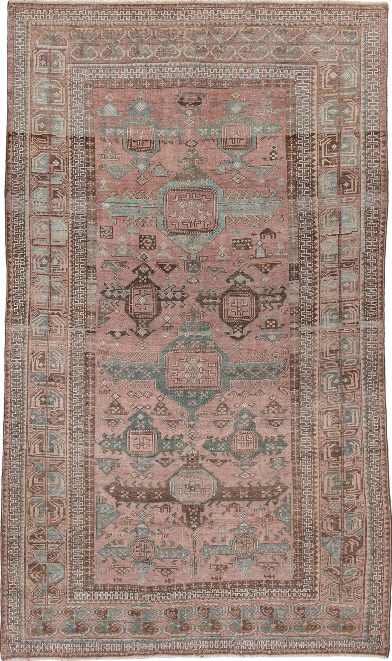 6' x 10' one-of-a-kind handmade vintage Belouch large size rug. Color palette: gray, light gray, brown, off-white, pink