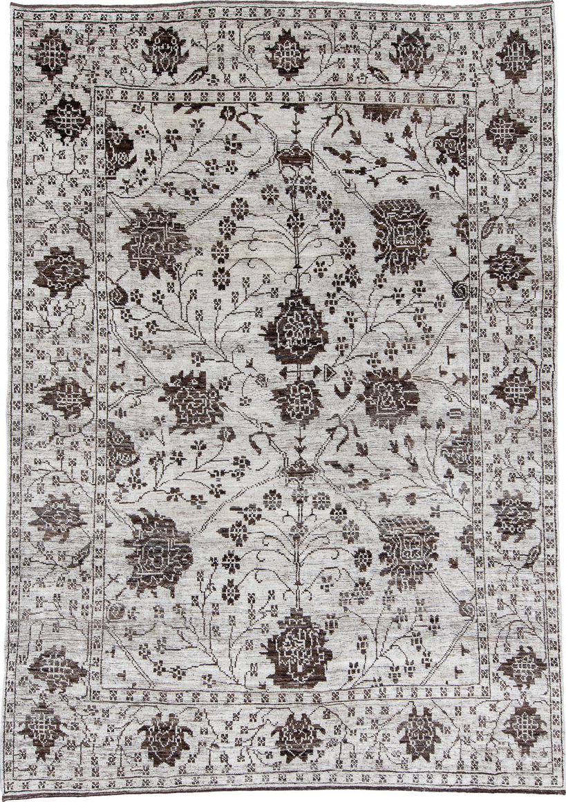 9' x 12' one-of-a-kind handmade vintage Tulu large size rug. Color palette: black, charcoal, dark gray, dim gray, gainsboro