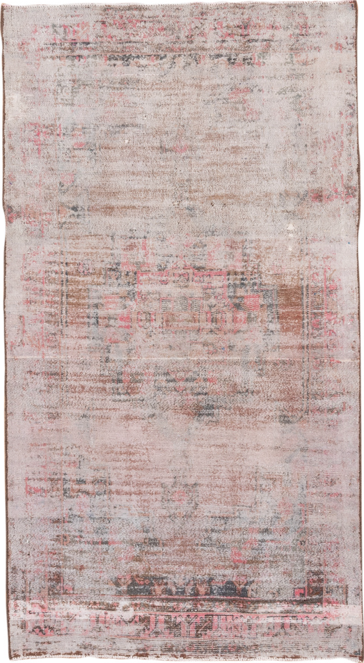 4' x 8' one-of-a-kind handmade vintage Overdyed rug. Color palette: gainsboro, gray, light gray, off-white, pink, rosy brown