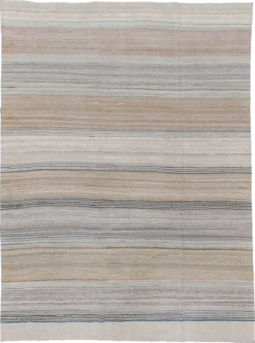 10' x 14' one-of-a-kind handmade vintage Kilim large size rug. Color palette: black, charcoal, dim gray, gray, light blue