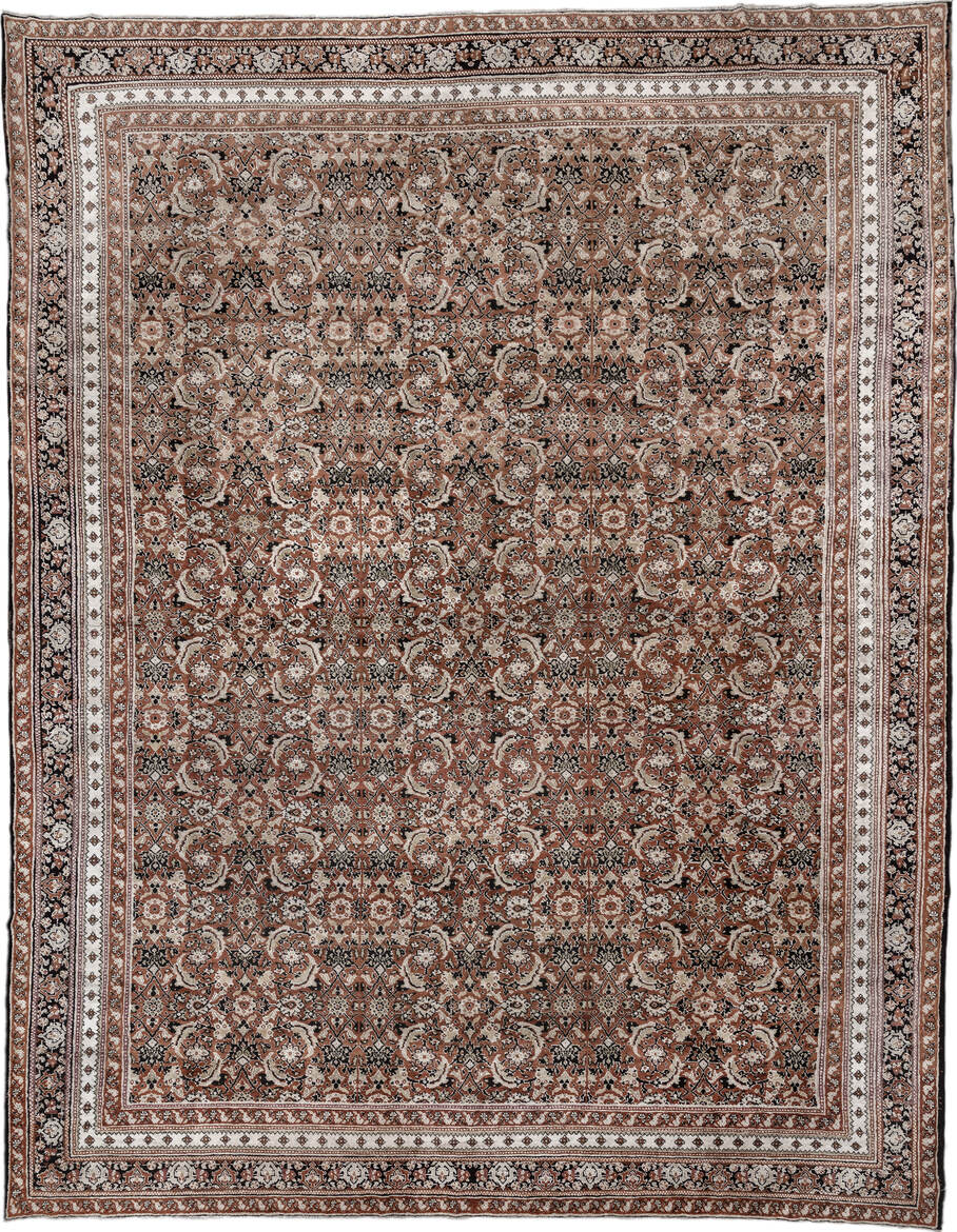 12' x 15' one-of-a-kind handmade vintage Agra oversize rug. Color palette: black, brown, charcoal, gray, light gray