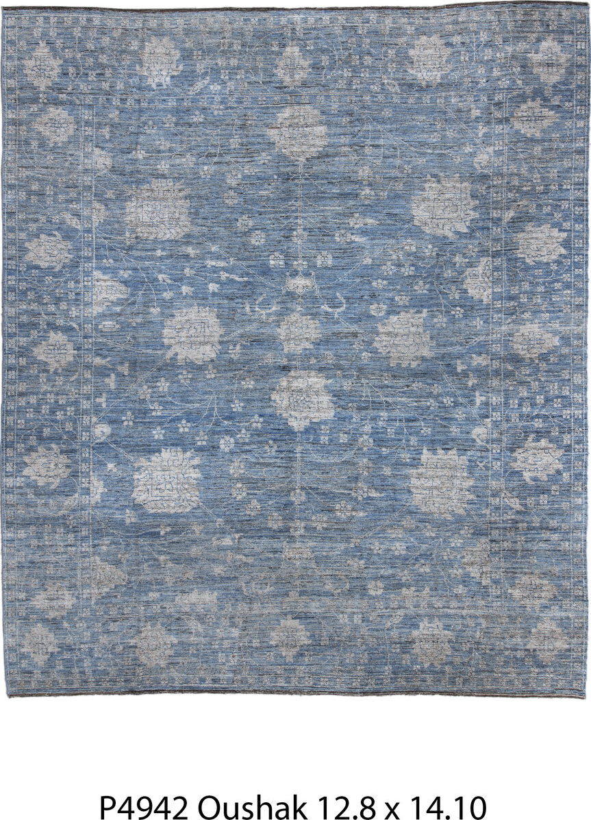 12' x 14' one-of-a-kind handmade vintage Oushak oversize rug. Color palette: black, blue, charcoal, dark gray, dim gray