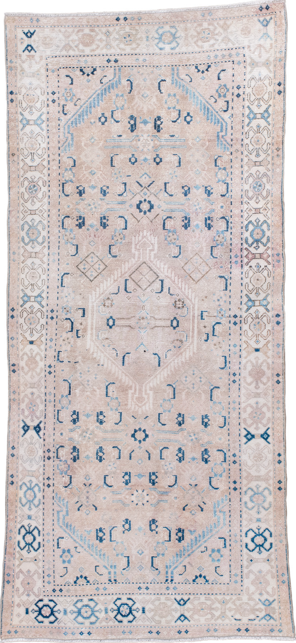 3' x 7' one-of-a-kind handmade vintage Hamadan runner rug. Color palette: blue, dark gray, gainsboro, gray, light blue
