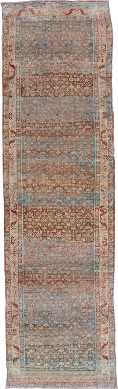 4' x 14' one-of-a-kind handmade vintage Bidjar runner rug. Color palette: brown, dark gray, gray, light gray, off-white