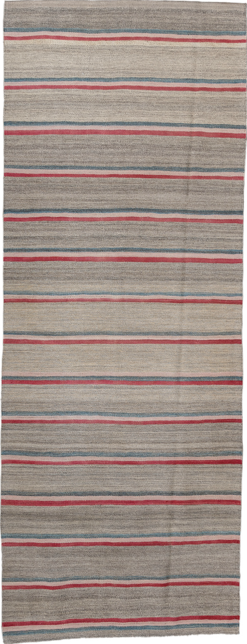 2' x 7' one-of-a-kind handmade vintage Kilim runner rug. Color palette: gray, light gray, red, brown, pink, black, dark gray