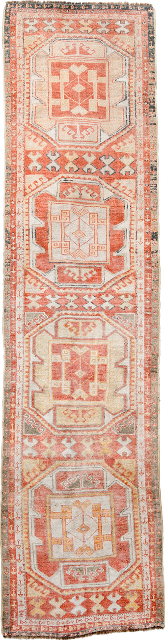 2' x 10' one-of-a-kind handmade vintage Oushak runner rug. Color palette: antiquewhite, blanched almond, brown, gray
