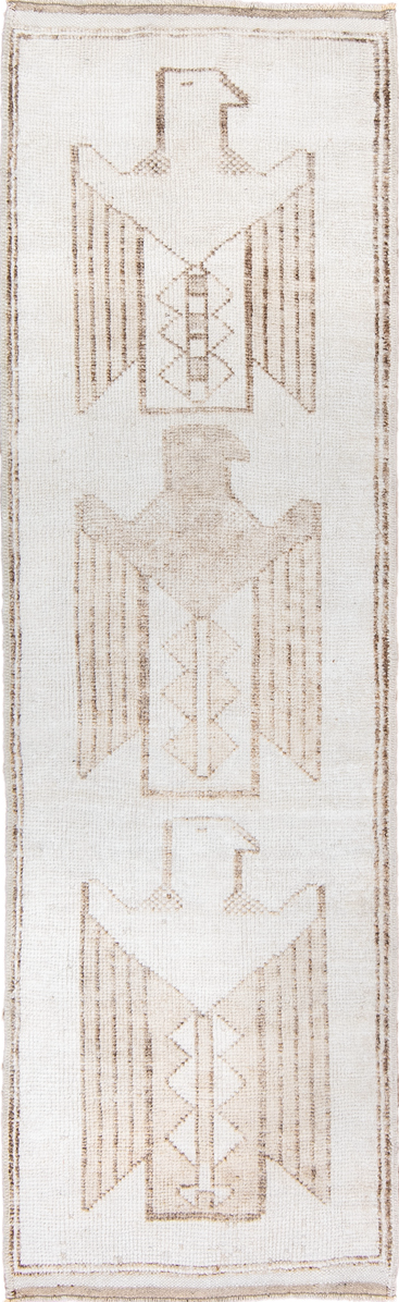 3' x 10' one-of-a-kind handmade vintage Kars runner rug. Color palette: brown, gainsboro, gray, light gray, linen, off-white