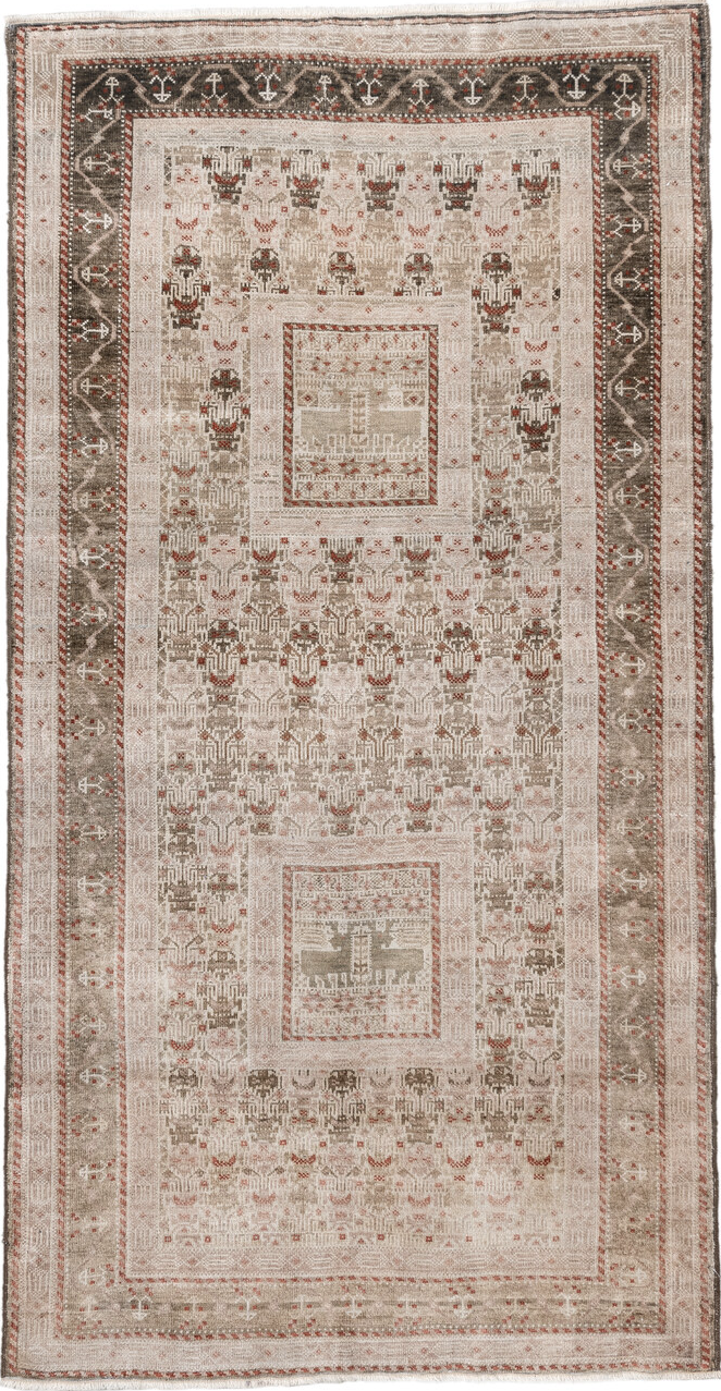 3' x 6' one-of-a-kind handmade vintage Belouch small size rug. Color palette: black, brown, gray, light gray, off-white