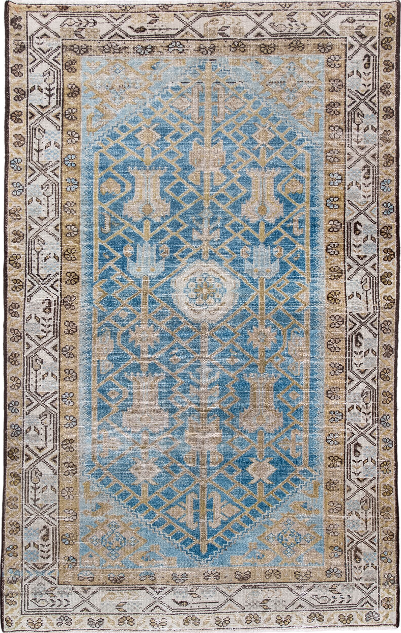 4' x 6' one-of-a-kind handmade vintage Hamadan small size rug. Color palette: blue, brown, gray, light blue, light gray