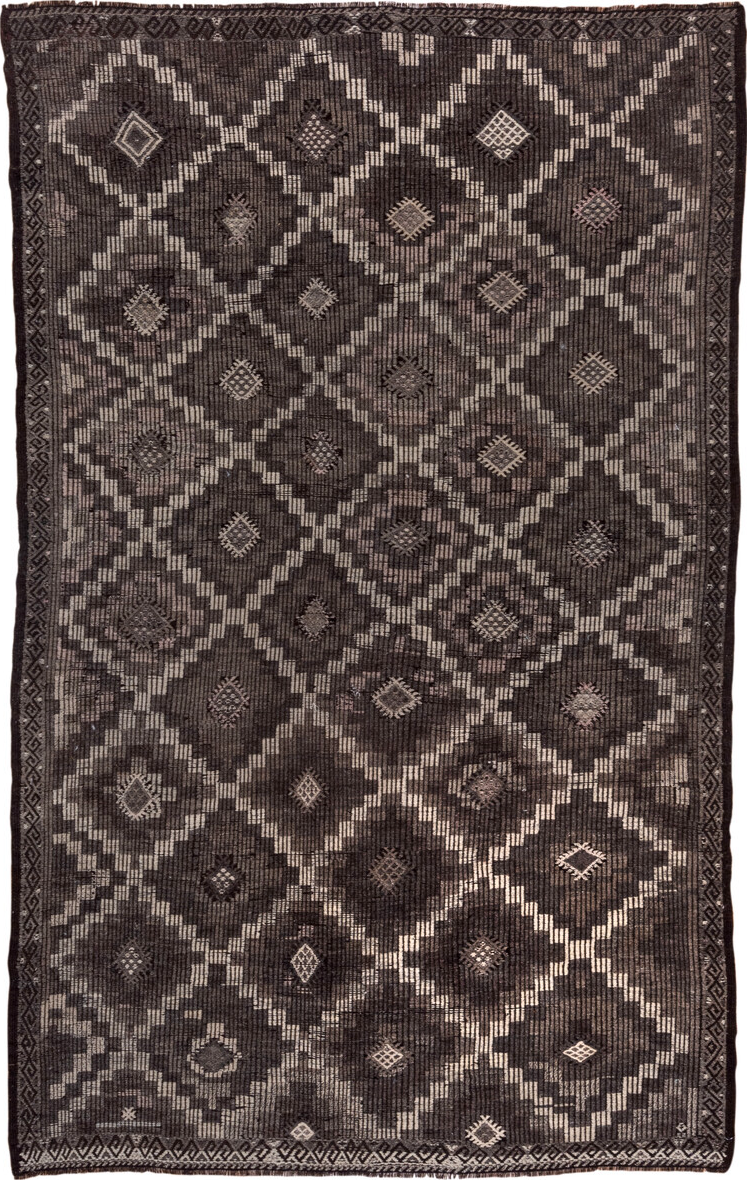 6' x 9' one-of-a-kind handmade vintage Jijim medium size rug. Color palette: antiquewhite, black, brown, charcoal, dark gray