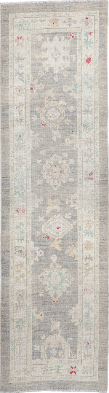 3' x 10' one-of-a-kind handmade vintage Oushak runner rug. Color palette: dark gray, gainsboro, gray, light gray, off-white