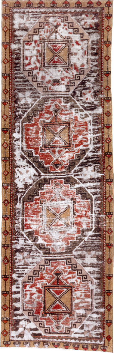 3' x 10' one-of-a-kind handmade vintage Oushak runner rug. Color palette: brown, gray, light gray, off-white, pink, red