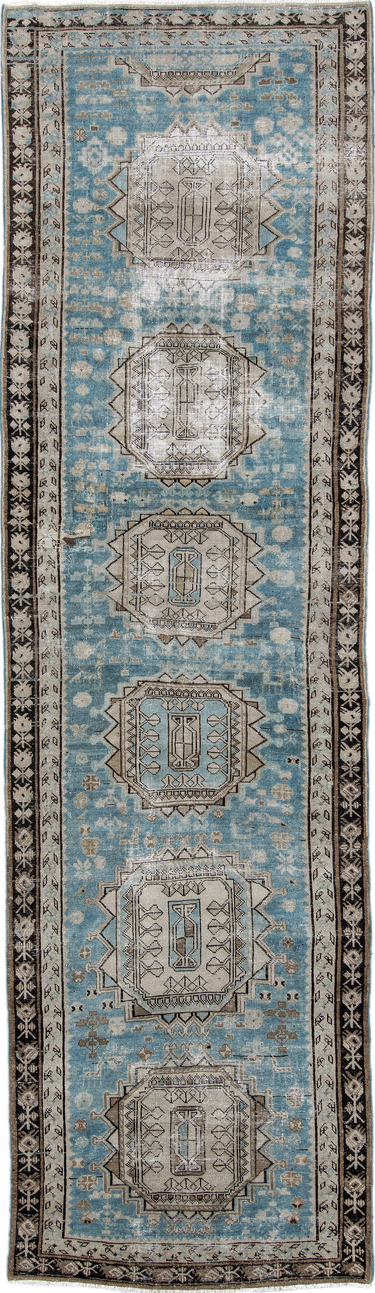 3' x 11' one-of-a-kind handmade vintage NW Persian runner rug. Color palette: black, blue, charcoal, dark gray, gray