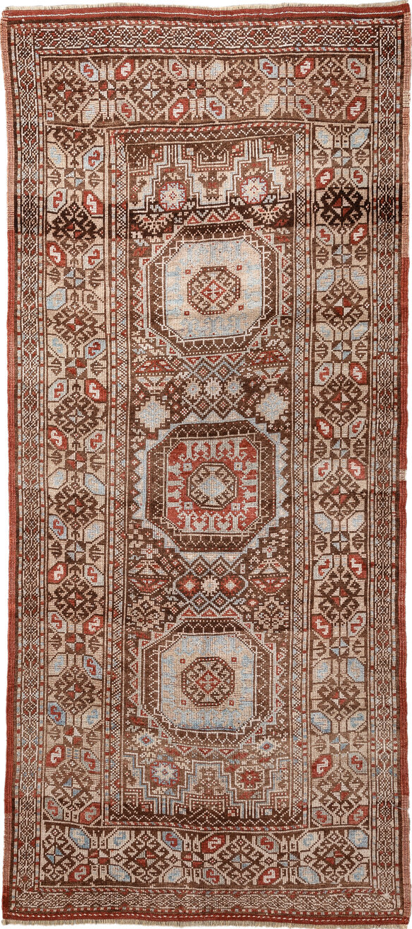 3' x 7' one-of-a-kind handmade vintage Anatol runner rug. Color palette: antiquewhite, brown, floral white, gray, light gray