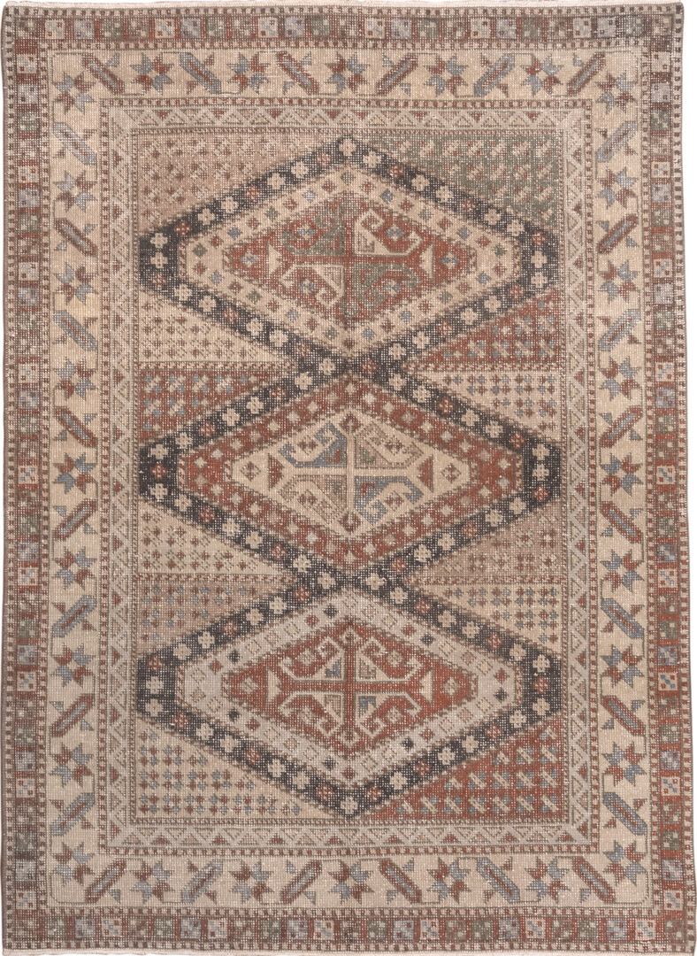 6' x 8' one-of-a-kind handmade vintage Sparta medium size rug. Color palette: brown, dim gray, gray, light gray, off-white