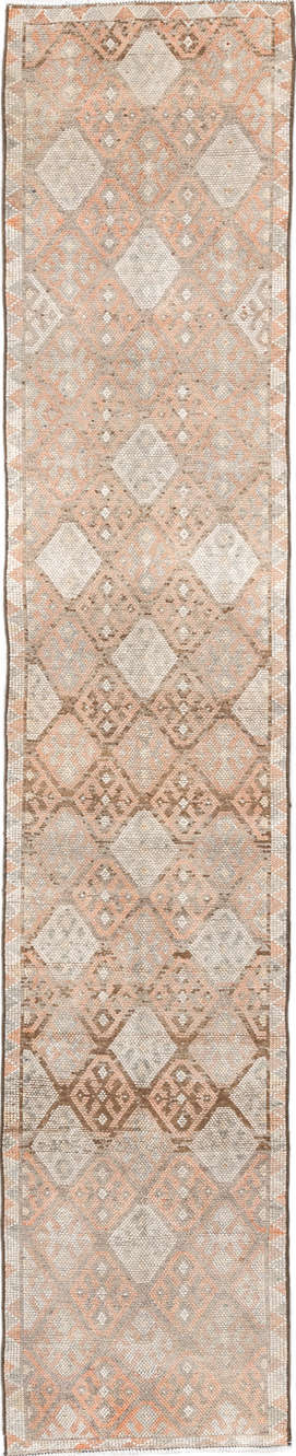 2' x 13' one-of-a-kind handmade vintage Kars runner rug. Color palette: pink, off-white, gray, light gray, brown, orange