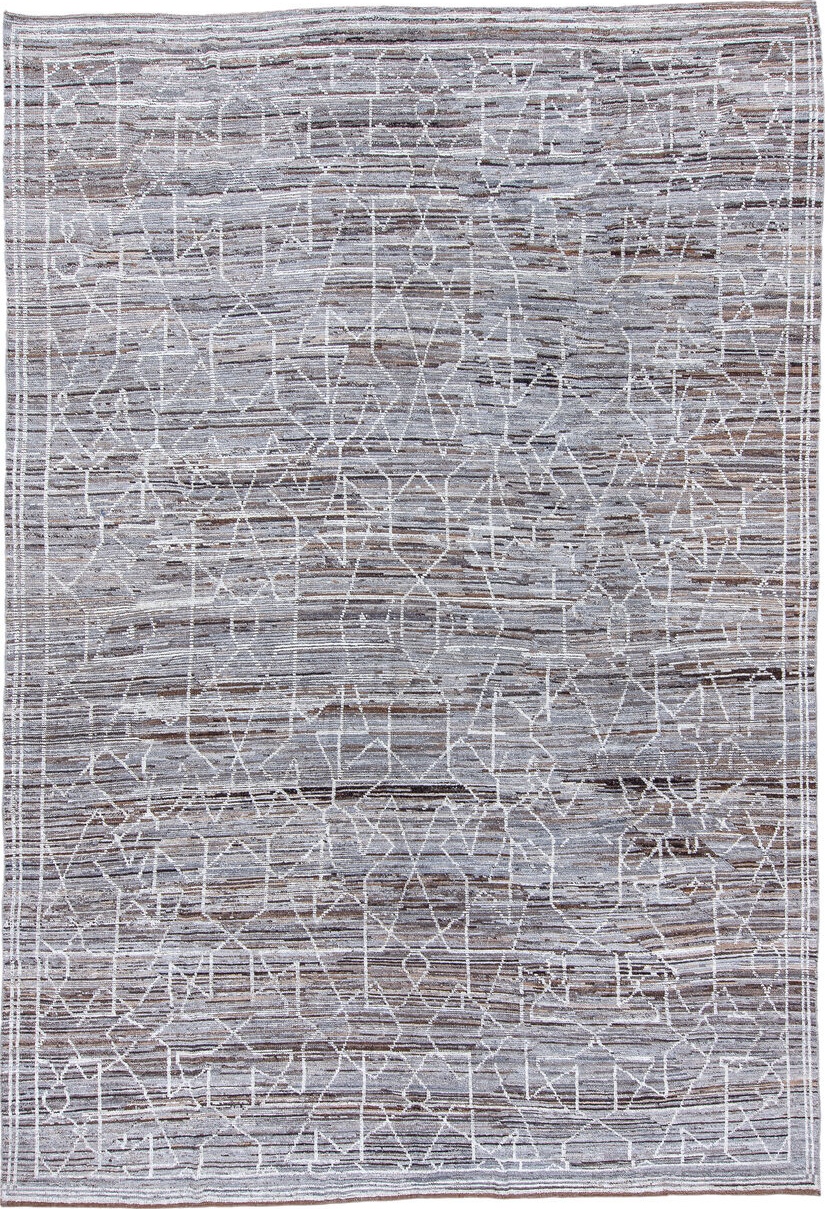 9' x 12' one-of-a-kind handmade vintage Tulu large size rug. Color palette: blue, gainsboro, gray, light blue, light gray