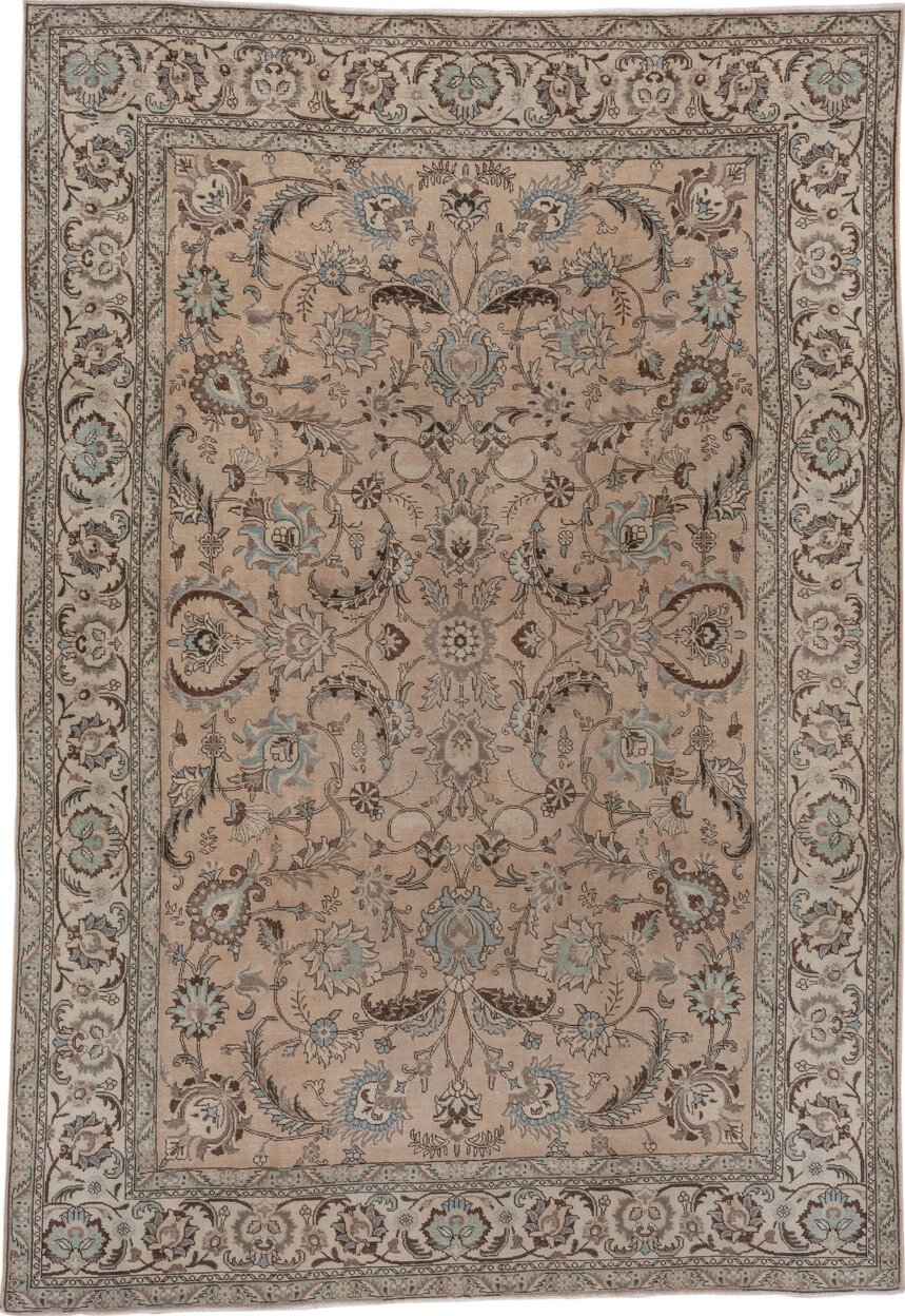 7' x 10' one-of-a-kind handmade vintage Tabriz large size rug. Color palette: brown, gray, light gray, off-white, pink