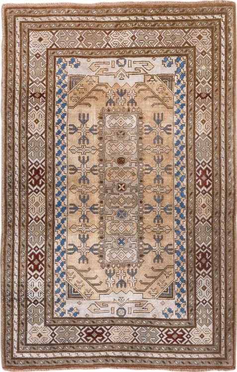 2' x 4' one-of-a-kind handmade vintage Sivas small size rug. Color palette: blue, brown, gray, light gray, light slate gray