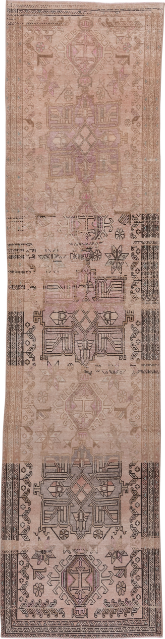 3' x 12' one-of-a-kind handmade vintage Heriz runner rug. Color palette: brown, gray, light gray, off-white, pink, snow