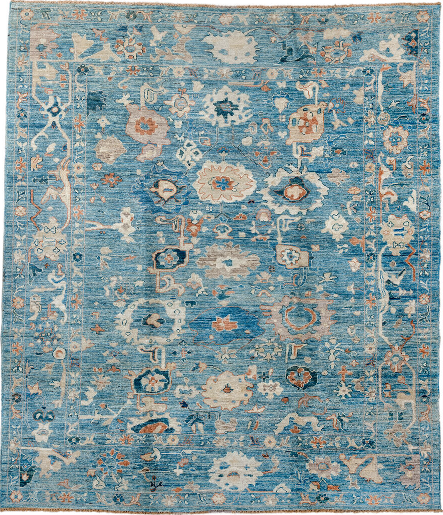 8' x 9' one-of-a-kind handmade vintage Oushak rug. Color palette: blue, brown, gray, light blue, light gray, pink, silver