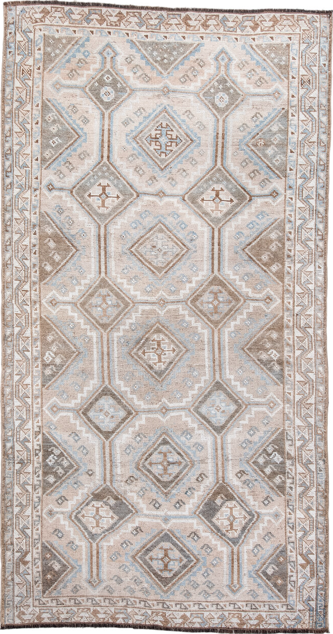 3' x 7' one-of-a-kind handmade vintage Gabbe rug. Color palette: brown, dark gray, dim gray, gainsboro, gray, light gray