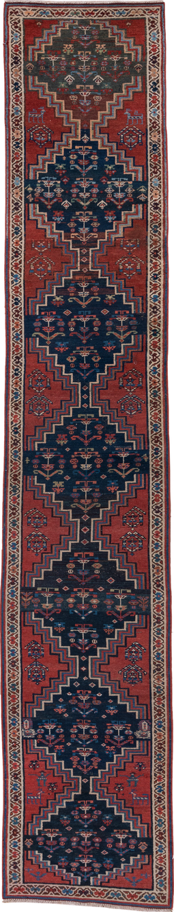 2' x 12' one-of-a-kind handmade vintage Malayer runner rug. Color palette: black, blue, brown, dim gray, fiord, gray, pink