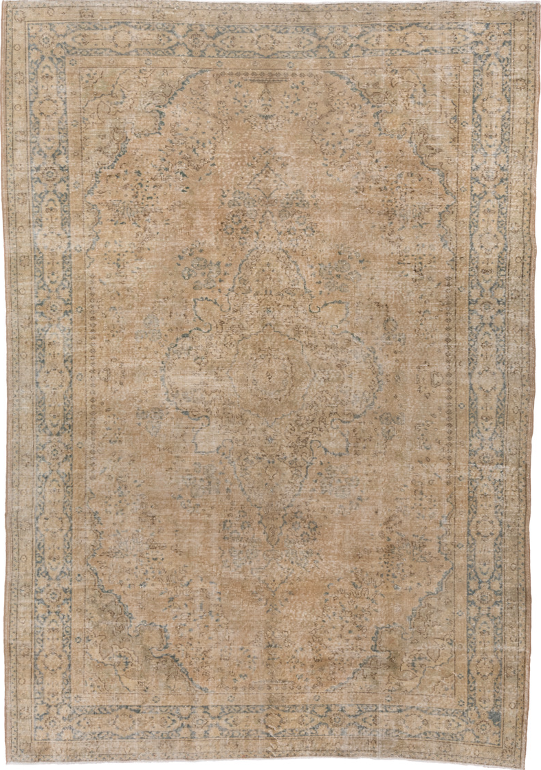 7' x 10' one-of-a-kind handmade vintage Oushak large size rug. Color palette: brown, gray, light gray, off-white, orange