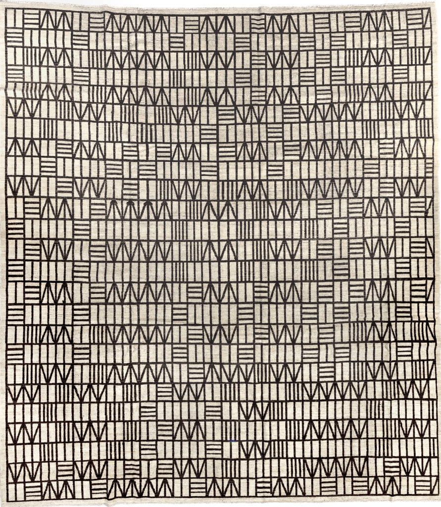 11' x 13' one-of-a-kind handmade vintage Tulu oversize rug. Color palette: black, brown, dark gray, gainsboro, gray