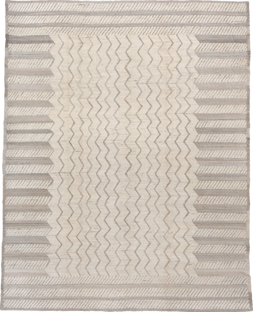 9' x 12' one-of-a-kind handmade vintage Tulu large size rug. Color palette: dark gray, gainsboro, gray, light gray, linen