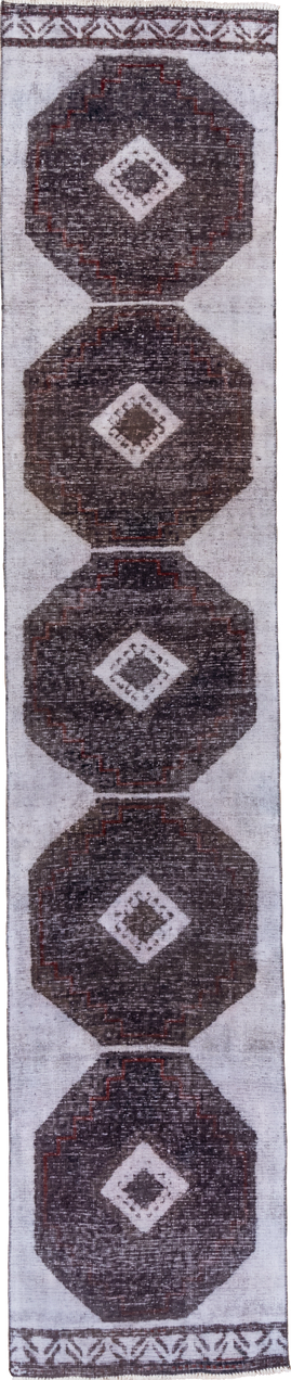 2' x 13' one-of-a-kind handmade vintage Oushak runner rug. Color palette: gray, light gray, off-white, pink, snow, white