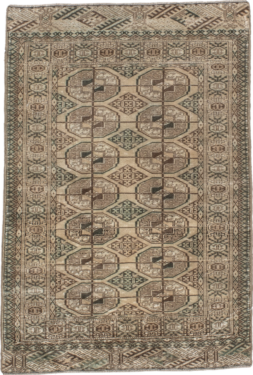 2' x 3' one-of-a-kind handmade vintage Bokara small size rug. Color palette: brown, gray, off-white, light gray