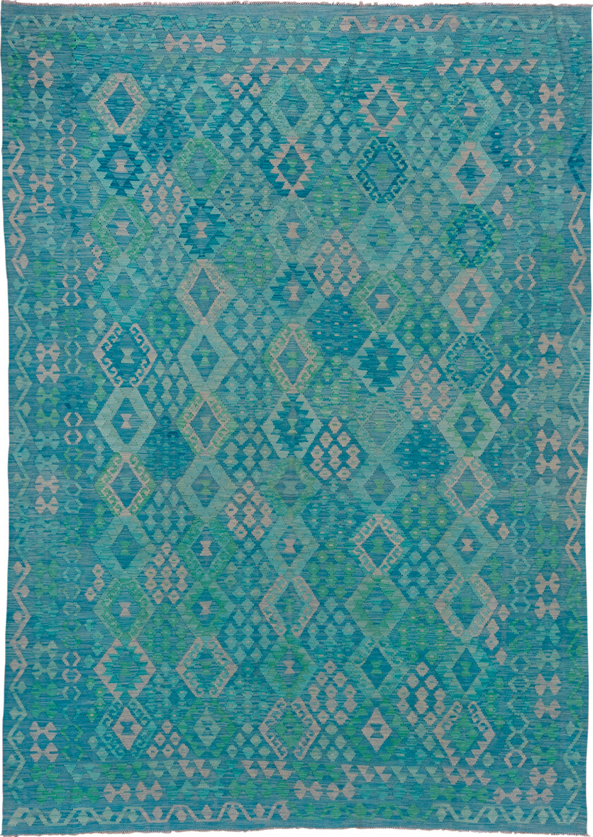 8' x 11' one-of-a-kind handmade vintage Kilim large size rug. Color palette: blue, cadet blue, gray, green, teal