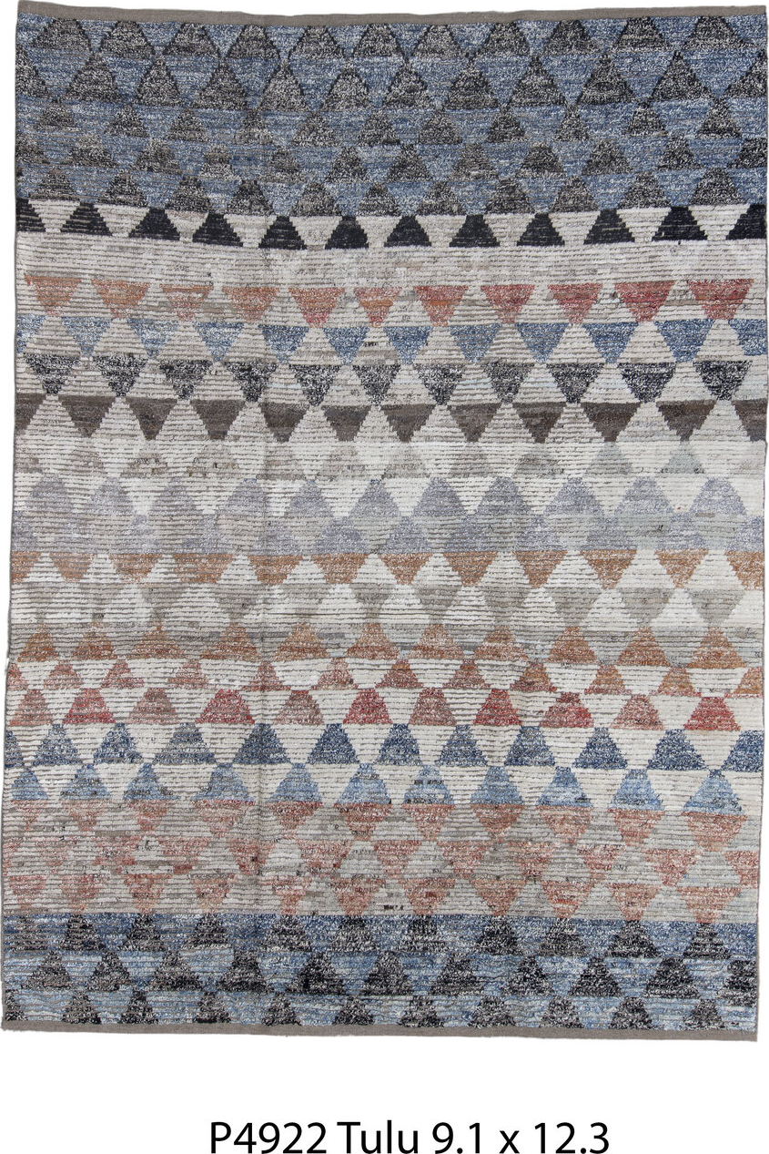 9' x 12' one-of-a-kind handmade vintage Tulu large size rug. Color palette: black, brown, gray, light gray, off-white, pink