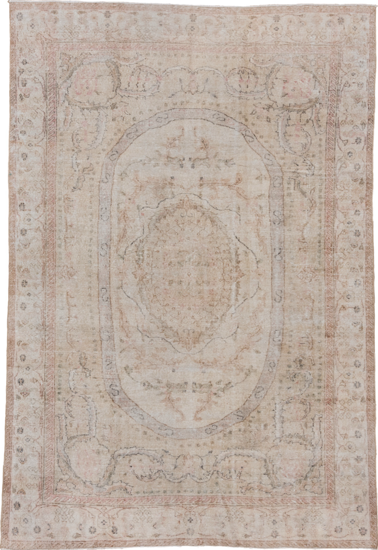 6' x 10' one-of-a-kind handmade vintage Oushak large size rug. Color palette: gray, light gray, off-white, pink, silver