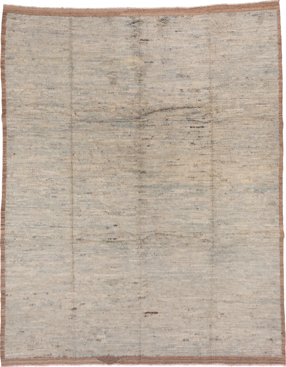 9' x 11' one-of-a-kind handmade vintage Tulu large size rug. Color palette: brown, gray, light gray, off-white, orange, pink