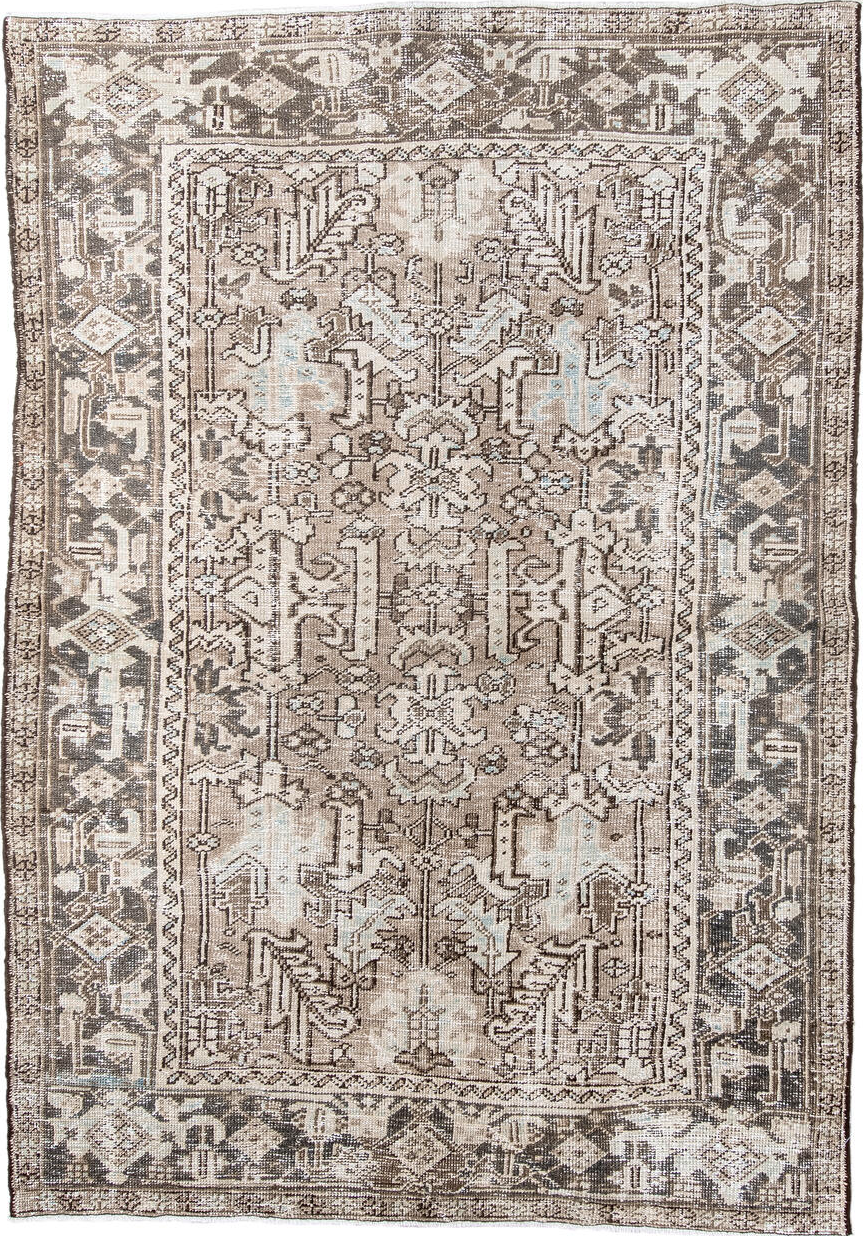 5' x 8' one-of-a-kind handmade vintage Heriz medium size rug. Color palette: brown, dark gray, floral white, gray