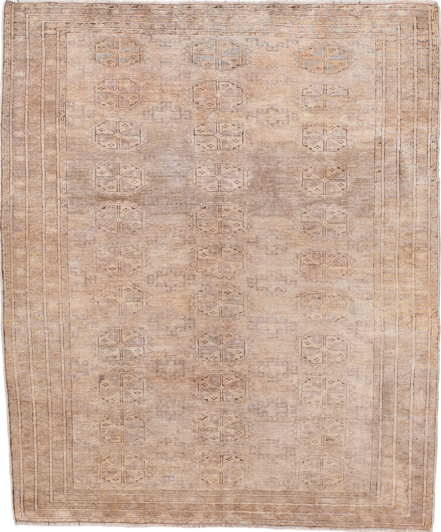 5' x 6' one-of-a-kind handmade vintage Bokara rug. Color palette: antiquewhite, brown, gray, light gray, off-white, orange